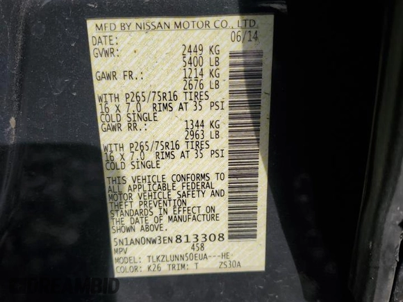 2014 Nissan Xterra X with VIN 5N1AN0NW3EN813308, listed as a Copart auction lot 45647045 with 91,985 mi miles and Salvage Title. Bid and sale history available at DreamBid. Image 13.