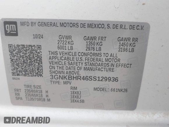 2025 Chevrolet Blazer LT with VIN 3GNKBHR46SS129936, listed as a IAAI auction lot 42761321 with 15,095 mi miles and . Bid and sale history available at DreamBid. Image 9.