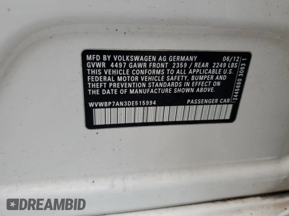 2013 Volkswagen CC R-Line with VIN WVWBP7AN3DE515994, listed as a Copart auction lot 65231944 with 109,487 mi miles and Non Repairable. Bid and sale history available at carsss.com. Image 12.