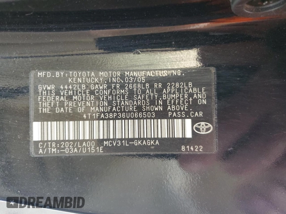 2006 Toyota Solara SE with VIN 4T1FA38P36U066503, listed as a Copart auction lot 65263654 with 118,000 mi miles and Salvage Title. Bid and sale history available at DreamBid. Image 12.