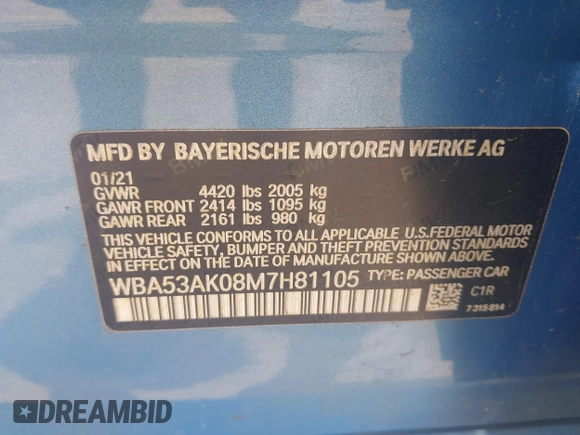 2021 BMW 2 Series 228i with VIN WBA53AK08M7H81105, listed as a IAAI auction lot 42275060 with 45,285 mi miles and . Bid and sale history available at DreamBid. Image 9.