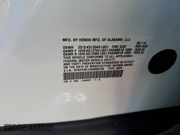 2019 Honda Pilot LX with VIN 5FNYF5H12KB006768, listed as a Copart auction lot 43393665 with 59,121 mi miles and Salvage Title. Bid and sale history available at DreamBid. Image 14.