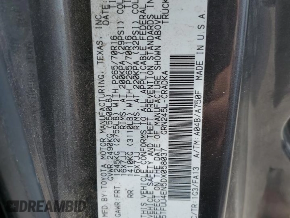 2013 Toyota Tacoma z VIN 5TFUU4EN5DX058037, wystawiony jako Copart lot #58387535 z przebiegiem 110 564 mil mil oraz Szkoda całkowita • Salvage title. Historia ofert i sprzedaży dostępna na DreamBid. Obrazek 12.