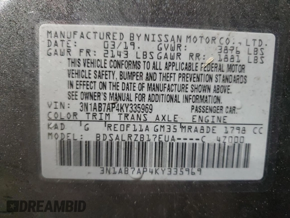 2019 Nissan Sentra SR with VIN 3N1AB7AP4KY335969, listed as a Copart auction lot 46828095 with 92,149 mi miles and Clean Title. Bid and sale history available at carsss.com. Image 13.