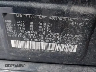 2012 Subaru Legacy Premium with VIN 4S3BMCB6XC3029086, listed as a IAAI auction lot 41671940 with 95,902 mi miles and . Bid and sale history available at DreamBid. Image 9.