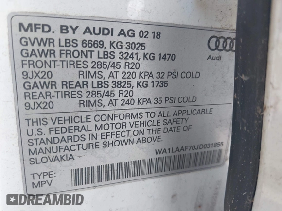 2018 Audi Q7 Premium Plus with VIN WA1LAAF70JD031855, listed as a IAAI auction lot 42267620 with 39,334 mi miles and . Bid and sale history available at DreamBid. Image 9.