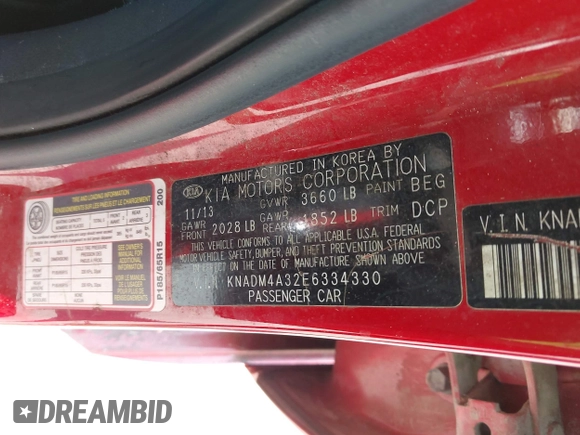 2014 Kia Rio LX with VIN KNADM4A32E6334330, listed as a IAAI auction lot 42239542 with 134,314 mi miles and . Bid and sale history available at DreamBid. Image 9.