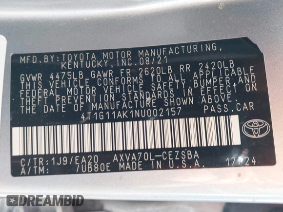 2022 Toyota Camry SE with VIN 4T1G11AK1NU002157, listed as a IAAI auction lot 41647629 with 89,189 mi miles and . Bid and sale history available at DreamBid. Image 9.