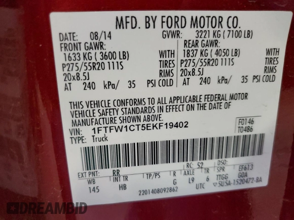 2014 Ford F-150 XL with VIN 1FTFW1CT5EKF19402, listed as a Copart auction lot 51514625 with 151,399 mi miles and Salvage Title. Bid and sale history available at carsss.com. Image 15.