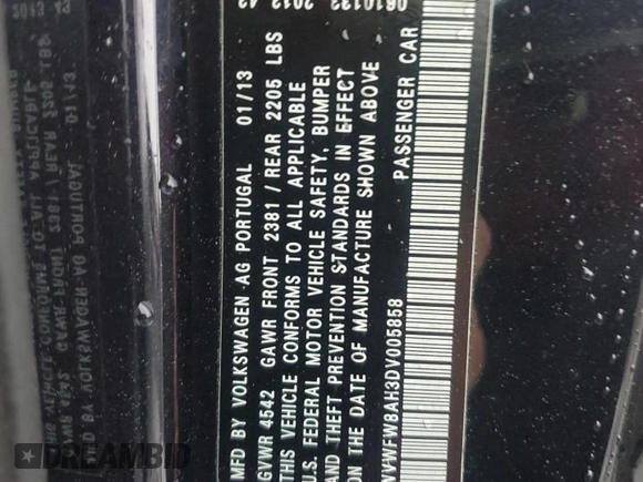 2013 Volkswagen Eos Lux with VIN WVWFW8AH3DV005858, listed as a Copart auction lot 51748545 with 76,624 mi miles and Salvage Title. Bid and sale history available at DreamBid. Image 12.