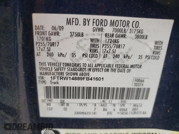2009 Ford F-150 XL with VIN 1FTRW14889FB41601, listed as a Copart auction lot 61250445 with 101,637 mi miles and Clean title. Bid and sale history available at DreamBid. Image 12.