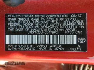 2012 Toyota Prius One with VIN JTDKN3DU4C5478924, listed as a Copart auction lot 56306605 with 179,122 mi miles and Clean Title. Bid and sale history available at DreamBid. Image 12.