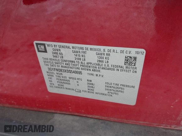 2013 Cadillac SRX Performance Collection with VIN 3GYFNDE3XDS540695, listed as a IAAI auction lot 41278568 with 137,024 mi miles and . Bid and sale history available at DreamBid. Image 9.