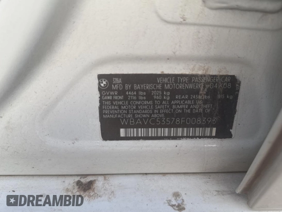 2008 BMW 3 Series 328i with VIN WBAVC53578F008393, listed as a Copart auction lot 64016765 with 159,732 mi miles and Salvage title. Bid and sale history available at DreamBid. Image 10.