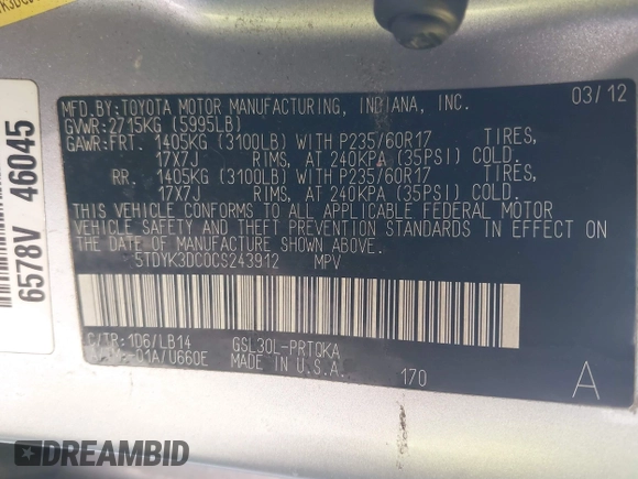 2012 Toyota Sienna XLE AAS with VIN 5TDYK3DC0CS243912, listed as a IAAI auction lot 41758833 with 132,008 mi miles and . Bid and sale history available at DreamBid. Image 9.