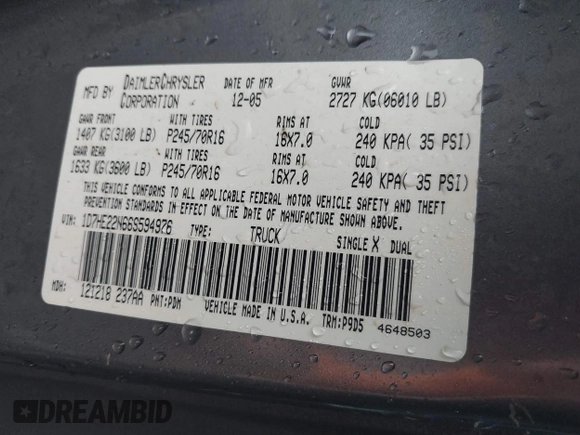 2006 Dodge Dakota ST with VIN 1D7HE22N66S594976, listed as a IAAI auction lot 41057615 with 212,059 mi miles and . Bid and sale history available at DreamBid. Image 9.