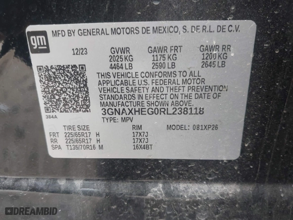2024 Chevrolet Equinox LS with VIN 3GNAXHEG0RL238118, listed as a IAAI auction lot 41711789 with 16,568 mi miles. Bid and sale history available at carsss.com. Image 9.