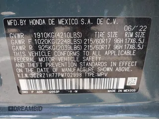 2023 Honda HR-V EX-L with VIN 3CZRZ1H77PM702998, listed as a IAAI auction lot 42267423 with 25,438 mi miles and . Bid and sale history available at DreamBid. Image 9.