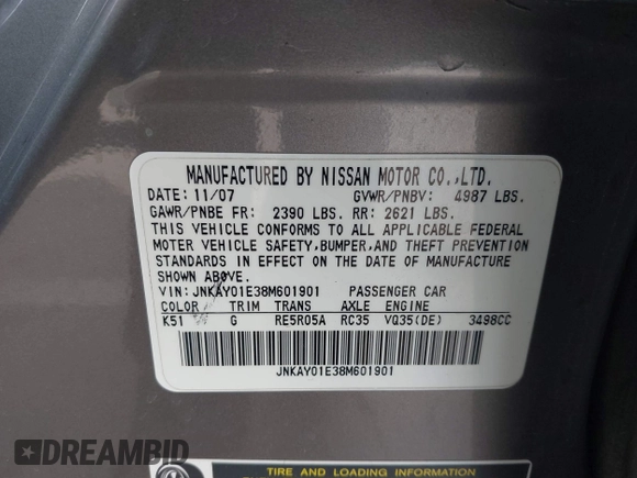 2008 Infiniti M with VIN JNKAY01E38M601901, listed as a IAAI auction lot 41695374 with Not Provided miles and . Bid and sale history available at DreamBid. Image 9.