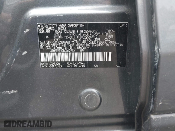 2013 Toyota RAV4 XLE с VIN JTMRFREV9DD012712, выставлен на аукционе IAAI как лот 42582413 с пробегом 157 938 миль миль и . История ставок и продаж доступна на DreamBid. Изображение 9.