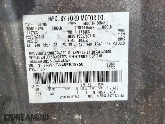 2008 Ford F-150 XL с VIN 1FTRW12W48FB19756, выставлен на аукционе Copart как лот 57286395 с пробегом 206 560 миль миль и Списание • Salvage title. История ставок и продаж доступна на DreamBid. Изображение 12.