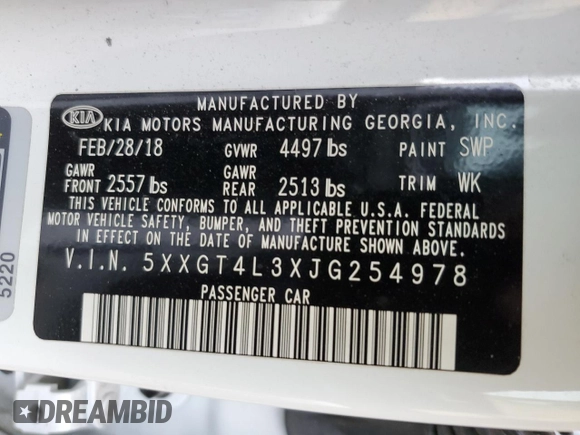 2018 Kia Optima LX with VIN 5XXGT4L3XJG254978, listed as a Copart auction lot 70161363 with Not provided miles and Salvage title. Bid and sale history available at DreamBid. Image 12.