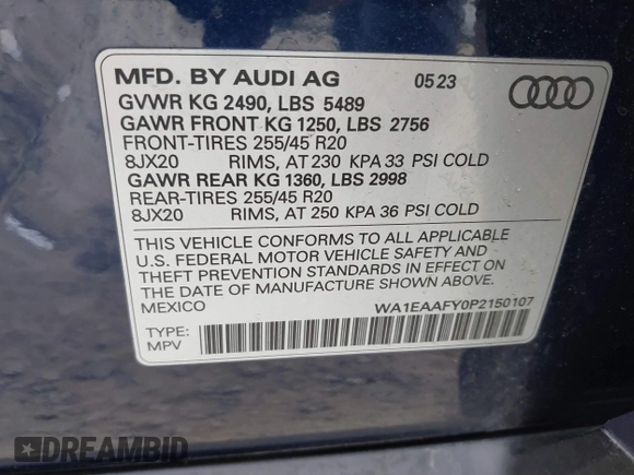 2023 Audi Q5 S line Premium Plus z VIN WA1EAAFY0P2150107, wystawiony jako IAAI lot #41784798 z przebiegiem 27 019 mil mil oraz . Historia ofert i sprzedaży dostępna na DreamBid. Obrazek 9.