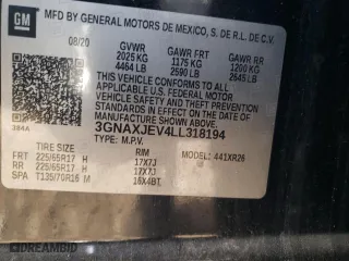 2020 Chevrolet Equinox LT with VIN 3GNAXJEV4LL318194, listed as a Copart auction lot 75473024 with 0 mi miles and Salvage Title. Bid and sale history available at carsss.com. Image 12.