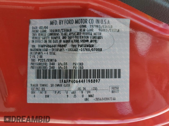 2004 Ford Mustang Standard with VIN 1FAFP40644F198897, listed as a Copart auction lot 47007415 with 129,067 mi miles and Salvage title. Bid and sale history available at DreamBid. Image 12.