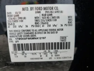 2021 Ford Explorer Limited with VIN 1FM5K8FW6MNA12197, listed as a Copart auction lot 46164015 with 0 mi miles and Salvage Title. Bid and sale history available at carsss.com. Image 15.