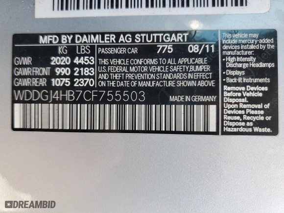 2012 Mercedes-Benz C-Class C 250 with VIN WDDGJ4HB7CF755503, listed as a Copart auction lot 45389505 with 97,380 mi miles and Salvage Title. Bid and sale history available at carsss.com. Image 12.