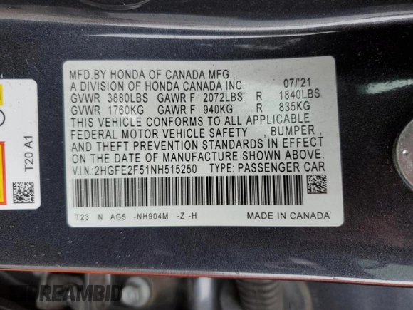 2022 Honda Civic Sedan Sport with VIN 2HGFE2F51NH515250, listed as a Copart auction lot 48825625 with 77,405 mi miles and Salvage Title. Bid and sale history available at carsss.com. Image 14.