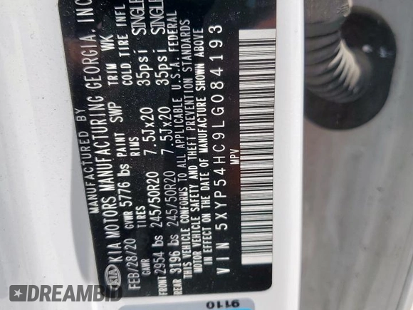 2020 Kia Telluride SX z VIN 5XYP54HC9LG084193, wystawiony jako Copart lot #57148835 z przebiegiem 45 803 mil mil oraz Szkoda całkowita • Salvage title. Historia ofert i sprzedaży dostępna na DreamBid. Obrazek 14.