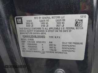 2011 Chevrolet Traverse LTZ with VIN 1GNKVLED0BJ269062, listed as a IAAI auction lot 41744724 with 126,204 mi miles and . Bid and sale history available at DreamBid. Image 9.
