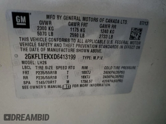 2013 GMC Terrain SLE with VIN 2GKFLTEKXD6413199, listed as a Copart auction lot 54499255 with 79,915 mi miles and Salvage Title. Bid and sale history available at DreamBid. Image 13.