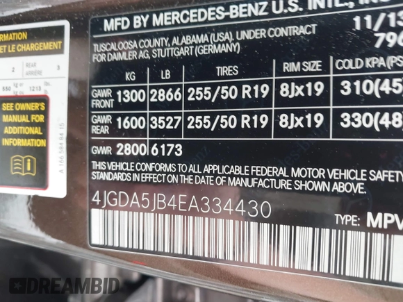 2014 Mercedes-Benz M 350 with VIN 4JGDA5JB4EA334430, listed as a IAAI auction lot 42503479 with 181,983 mi miles and . Bid and sale history available at DreamBid. Image 9.