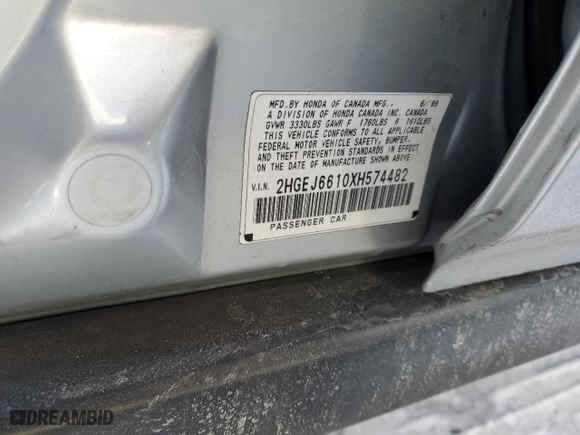 1999 Honda Civic VP with VIN 2HGEJ6610XH574482, listed as a Copart auction lot 43175845 with 176,042 mi miles and Salvage Title. Bid and sale history available at carsss.com. Image 12.