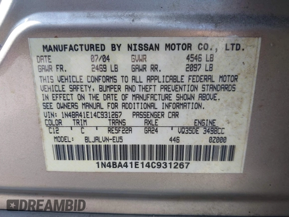 2004 Nissan Maxima SL with VIN 1N4BA41E14C931267, listed as a IAAI auction lot 41911875 with 129,161 mi miles. Bid and sale history available at carsss.com. Image 9.