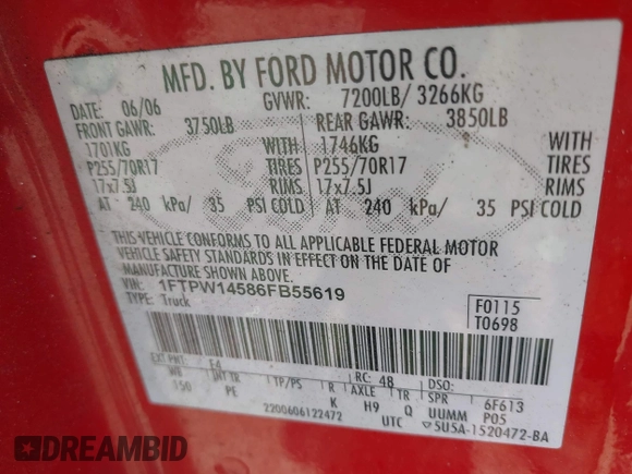 2006 Ford F-150 XLT with VIN 1FTPW14586FB55619, listed as a IAAI auction lot 42663737 with 176,202 mi miles and . Bid and sale history available at DreamBid. Image 9.