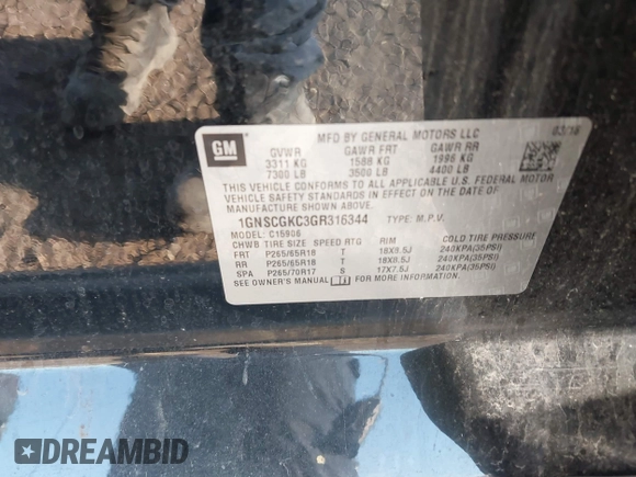2016 Chevrolet Suburban LS with VIN 1GNSCGKC3GR316344, listed as a IAAI auction lot 41990429 with 100,010 mi miles and . Bid and sale history available at DreamBid. Image 9.