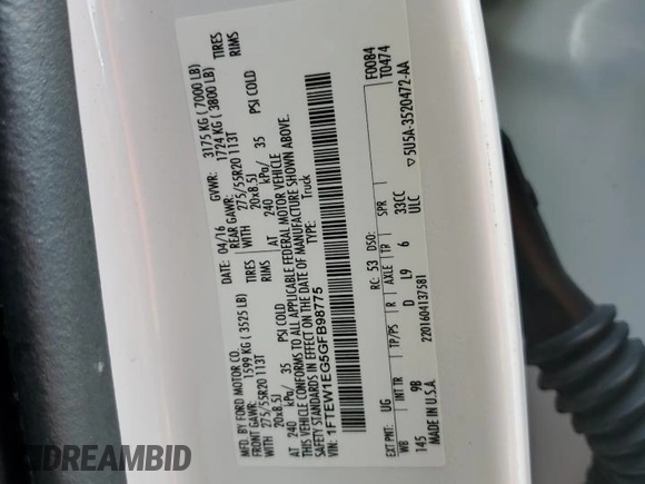 2016 Ford F-150 XLT with VIN 1FTEW1EG5GFB98775, listed as a Copart auction lot 64928585 with 135,242 mi miles and Salvage title. Bid and sale history available at DreamBid. Image 12.