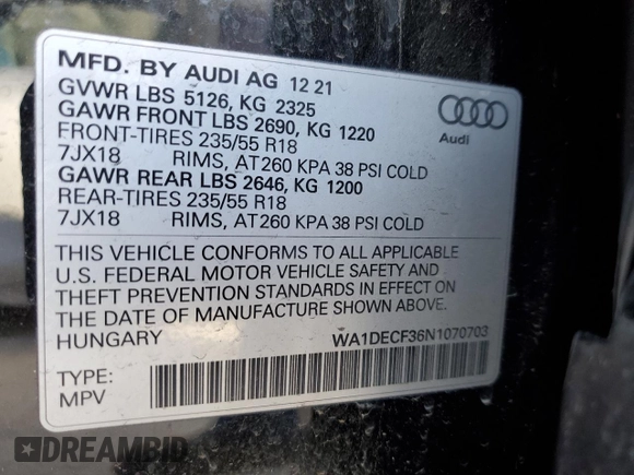 2022 Audi Q3 S line Premium with VIN WA1DECF36N1070703, listed as a Copart auction lot 65251312 with 17,108 mi miles. Bid and sale history available at carsss.com. Image 13.