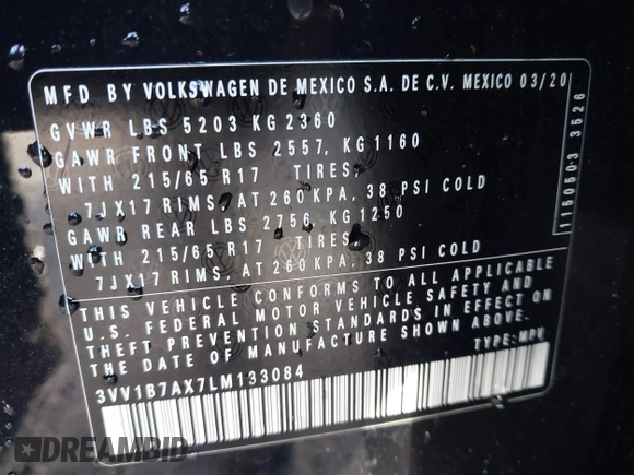 2020 Volkswagen Tiguan S z VIN 3VV1B7AX7LM133084, wystawiony jako IAAI lot #42597631 z przebiegiem 84 415 mil mil oraz . Historia ofert i sprzedaży dostępna na DreamBid. Obrazek 9.