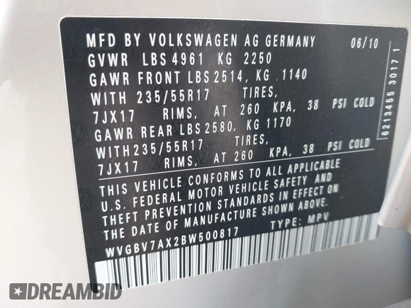 2011 Volkswagen Tiguan SEL with VIN WVGBV7AX2BW500817, listed as a IAAI auction lot 42292760 with 50,336 mi miles and . Bid and sale history available at DreamBid. Image 9.