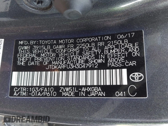 2017 Toyota Prius Two with VIN JTDKARFU3H3047912, listed as a IAAI auction lot 41603006 with 107,827 mi miles. Bid and sale history available at carsss.com. Image 9.