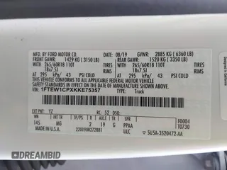 2019 Ford F-150 XL с VIN 1FTEW1CPXKKE75357, выставлен на аукционе IAAI как лот 42148045 с пробегом 20 997 миль миль и . История ставок и продаж доступна на DreamBid. Изображение 9.