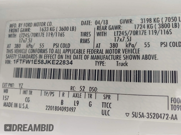 2018 Ford F-150 XL with VIN 1FTFW1E58JKE22834, listed as a IAAI auction lot 41923960 with 214,459 mi miles. Bid and sale history available at carsss.com. Image 9.