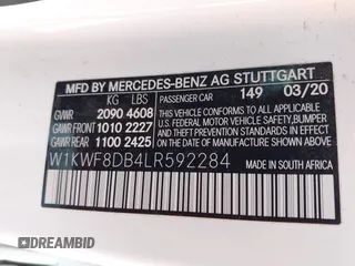 2020 Mercedes-Benz C 300 with VIN W1KWF8DB4LR592284, listed as a IAAI auction lot 42345831 with 66,281 mi miles and . Bid and sale history available at DreamBid. Image 9.