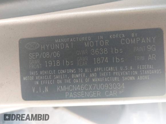 2007 Hyundai Accent GLS with VIN KMHCN46CX7U093034, listed as a IAAI auction lot 41855739 with 152,449 mi miles. Bid and sale history available at carsss.com. Image 9.