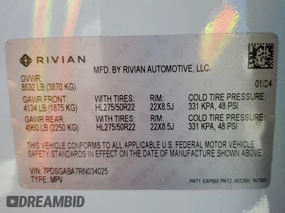 2024 Rivian R1S Adventure z VIN 7PDSGABA7RN034025, wystawiony jako Copart lot #49332795 z przebiegiem Nie podano mil oraz Szkody całkowita. Historia ofert i sprzedaży dostępna na DreamBid. Obrazek 14.